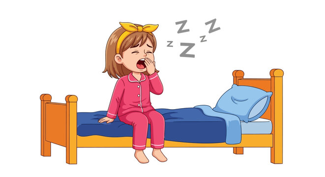 Cartoon child yawning in bed, sleepy kid vector illustration, tired child in pajamas, bedtime cartoon