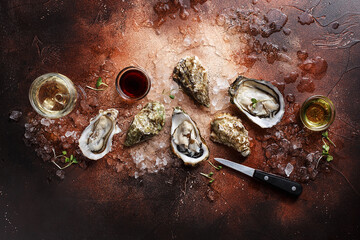 Opened oysters with crushed ice, knife, micro greens, sauces and glass of wine on brown concrete background. Overhead view © Zygonema