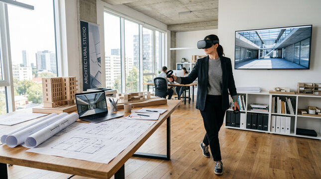 Female Architect Using VR Headset to Explore 3D Building Model in Modern Design Studio.