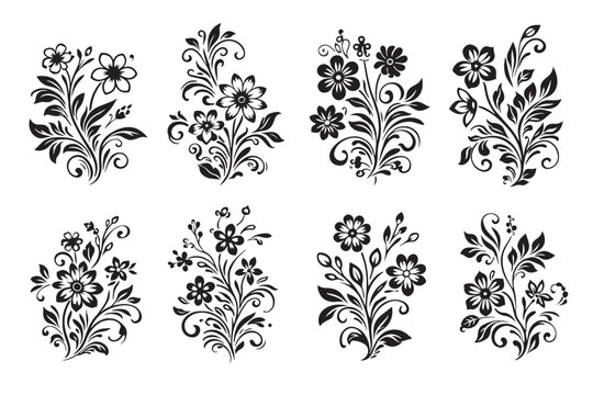 Gemini said

Vintage black floral vector element set featuring ornate swirl ornaments, leaf branches, and nature-inspired silhouettes for elegant pattern decoration and seamless wallpaper design art