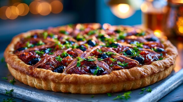 Pissaladiere pizza with caramelized onions anchovies and black olives