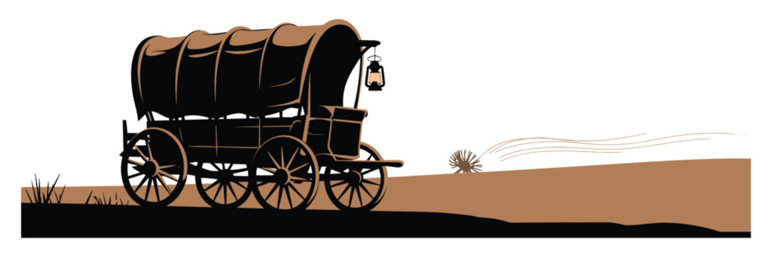 Vintage Covered Wagon in Desert Landscape Western Vector Art