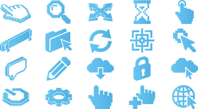 Set of pixelated computer pointer and software icons in a modern isometric style.