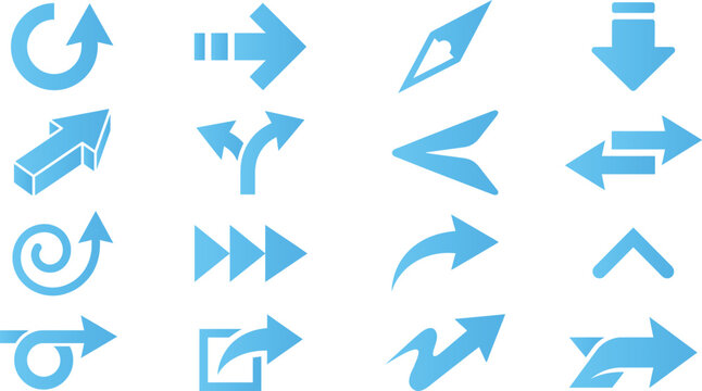 Blue arrow vector icons set on white background including flat and isometric sign designs.