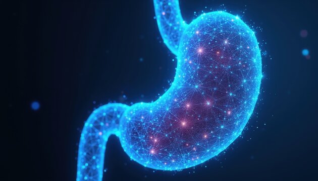 Abstract digital human stomach made of glowing blue wireframe mesh and nodes. Futuristic organ anatomy illustration shows internal body structure with pink light particles, representing health data.