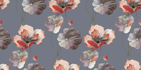 Luxury Hand Drawn White Lily Seamless Pattern with Pink Flowers © Seamless Studio