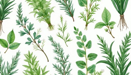 Fototapeta premium Watercolor illustration shows assorted fresh green culinary herbs with delicate white flowers. Natural botanical arrangement creates a healthy aromatic cooking ingredient backdrop.