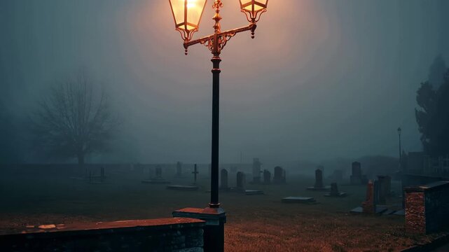 Fog covers a graveyard at night with a street lamp casting light on the stones and creating a mysterious scene for passersby