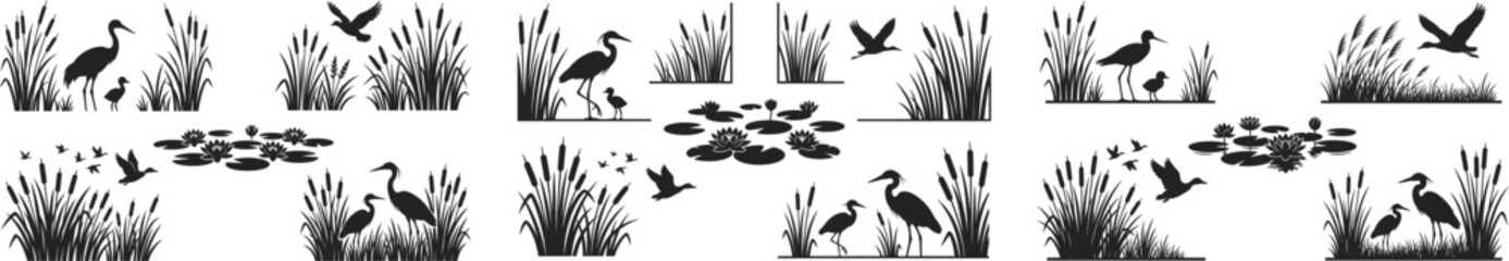 Wetland nature silhouette bundle featuring heron, crane, and duck birds in tall marsh grass, cattails, and floating lily pads. © FreelancerHasin