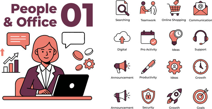People and office business icon set. Flat vector illustrations of businesswoman working on laptop with teamwork and communication symbols