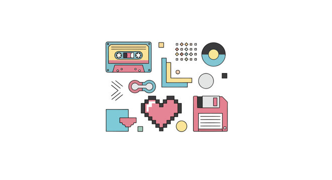 Retro technology icons cassette tape floppy disk vinyl heart