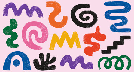 Funky squiggle brush stroke graffiti shapes with bold organic curly lines, rough geometric doodles, grunge street art swirls and futuristic abstract wave patterns. Vector illustration © aura studio