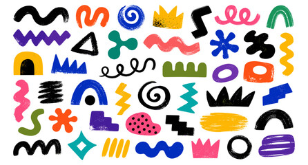 Funky graffiti squiggle brush strokes with bold organic curly lines, rough geometric doodle waves, abstract grunge street art shapes and futuristic graphic elements. Vector illustration © aura studio