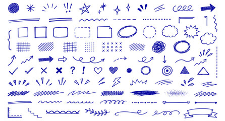 Fototapeta premium Blue ball pen scribble doodle collection with notebook sketch lines, squiggle underlines, hand drawn journal marks, school note elements, abstract pen strokes and vector illustration