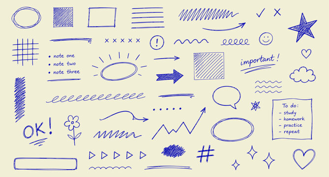 Blue ball pen scribble doodle collection with notebook journal strokes, squiggle underlines, hand drawn grid marks, sketchy stars, messy school notes and abstract ink vector illustration
