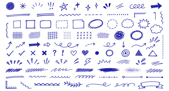 Blue ball pen scribble doodle collection with notebook sketch lines, squiggle underlines, hand drawn journal marks, school note elements, abstract pen strokes and vector illustration