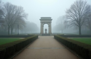 Obraz premium Foggy park path leads to grand stone archway with urn. Symmetrical manicured hedges flank walkway. Bare trees and lamp posts fade into mist. Peaceful garden architecture.