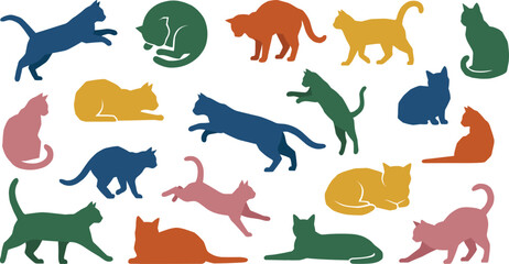 Obraz premium Colorful Cat Silhouettes Collection Featuring Playful Felines Jumping Running Sleeping and Sitting Isolated Minimalist Flat Vector Illustrations for Pet Lovers