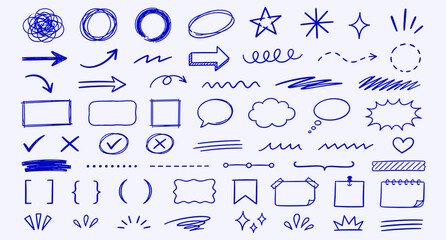Blue pen scribble doodle collection for notebook journaling, hand drawn arrows, sketch lines, infographic marks, messy underline shapes and school note elements vector illustration © aura studio