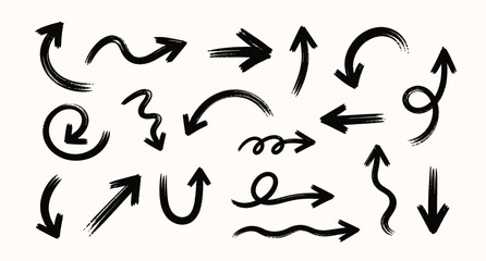 Bold brush drawn curved arrows collection with hand drawn doodle marker pointers, wavy direction symbols, rough grunge brush strokes and sketchy arrow shapes vector illustration © aura studio