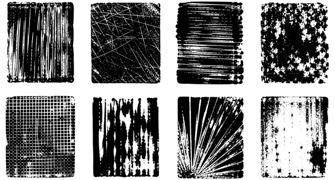 Grunge linocut printmaking texture set with retro stamp rectangles, distressed x ray imprint backgrounds, rustic letterpress grain, rough ink block textures and vintage vector illustration