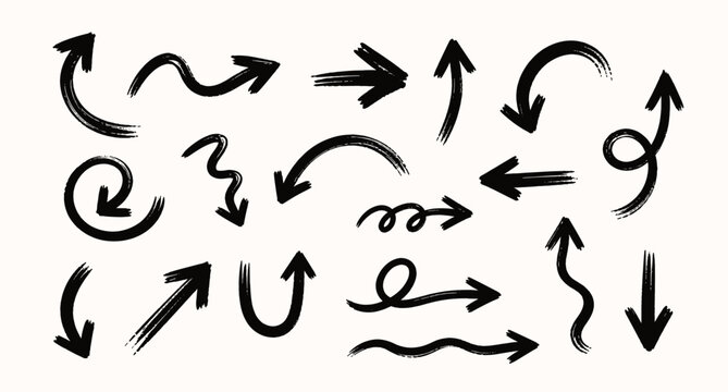 Bold brush drawn curved arrows collection with hand drawn doodle marker pointers, wavy direction symbols, rough grunge brush strokes and sketchy arrow shapes vector illustration