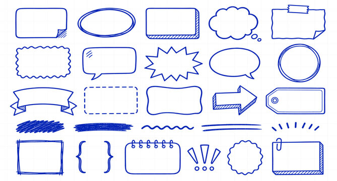 Blue pen doodle text boxes and speech bubbles on notebook paper background. Hand drawn ball pen frames, starburst labels, scribble highlights and crayon note shapes vector illustration