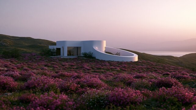 white parametric villa surrounded by blooming wildflowers and coastal landscape