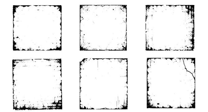 Vintage photocopy overlay texture frames with grunge paper edges, dusty xerox noise borders, distressed film scratches and worn retro cover backgrounds for poster design vector illustration