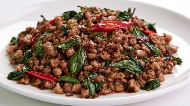 authentic thai pad kra pao minced pork with holy basil