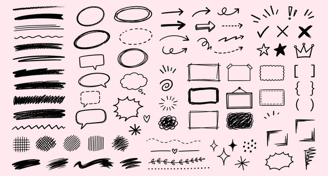 Childish doodle scribble elements with hand drawn underlines, crayon circles, charcoal hatch textures, sketch arrows and scrapbook marker highlights. Vector illustration.