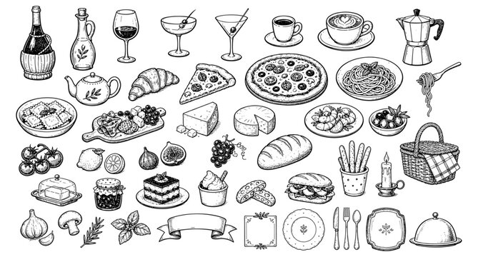 Crayon drawn Italian brunch doodle clipart set with Mediterranean food sketch elements, pasta, pizza, wine, espresso, picnic dinner menu poster template vector illustration