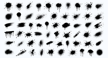 Grunge graffiti spray paint splatter and drip texture collection. Urban street art aerosol stains, punk spraypaint splash drops, dirty ink blot effects, distressed grunge vector illustration © aura studio