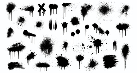 Urban graffiti spray paint drips and splashes set. Punk aerosol splatter stains, dirty street art paint blobs, grunge drip texture overlays, abstract spray effect vector illustration © aura studio