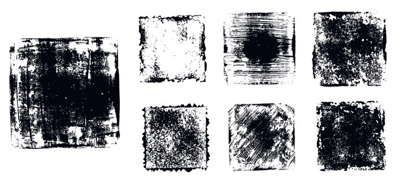 Handmade linocut and letterpress texture overlays with blue ink roller stamp effects, distressed grunge borders, rough printmaking frames and vintage abstract backgrounds. Vector illustration.