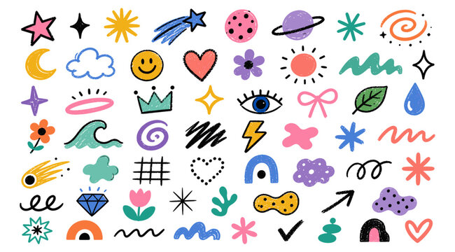 Colorful charcoal doodle elements collection with stars, planets, crescent moon, smile faces, hearts and playful scribble shapes for kids poster, sticker and graphic vector illustration