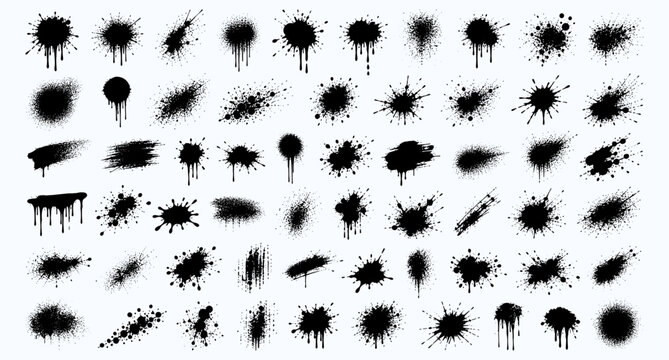 Grunge graffiti spray paint splatter and drip texture collection. Urban street art aerosol stains, punk spraypaint splash drops, dirty ink blot effects, distressed grunge vector illustration
