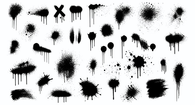 Urban graffiti spray paint drips and splashes set. Punk aerosol splatter stains, dirty street art paint blobs, grunge drip texture overlays, abstract spray effect vector illustration