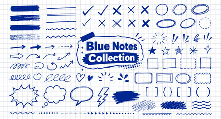 Hand drawn blue highlight strokes, notebook underlines and check mark doodle elements for study notes, journal emphasis shapes, scribble circles and checkered paper vector illustration. © aura studio