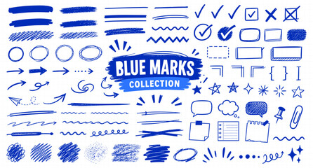 Blue pen underline and highlight doodle collection with hand drawn notebook marks, circles, arrows and checkered paper shapes for study notes and journal vector illustration. © aura studio
