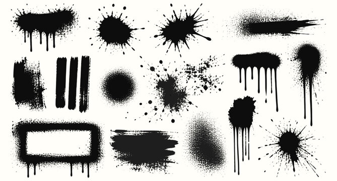Graffiti spray paint splatter stains and grunge ink splash collection. Urban street art stencil borders, dirty paint drips, punk blot textures, abstract spray effects vector illustration