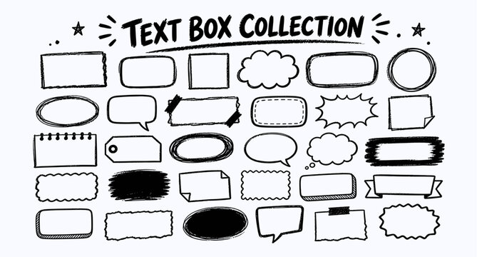 Crayon Drawn Note Box Set with Rough Pencil Outline Frames, Hand Sketched Speech Balloons, Cute Rectangle and Round Shapes for Journal and Message Design. Vector illustration.