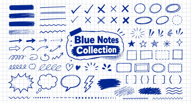 Hand drawn blue highlight strokes, notebook underlines and check mark doodle elements for study notes, journal emphasis shapes, scribble circles and checkered paper vector illustration.