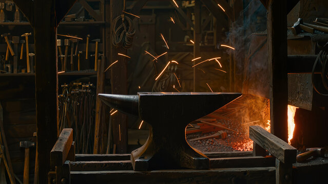 Heavy iron anvil with sparks in a dark blacksmith forge, craftsmanship and industry concept.