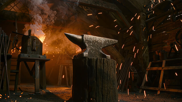 Heavy iron anvil with sparks in a dark blacksmith forge, craftsmanship and industry concept.