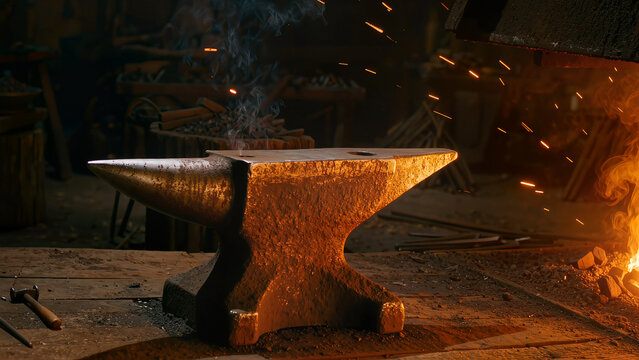Heavy iron anvil with sparks in a dark blacksmith forge, craftsmanship and industry concept.