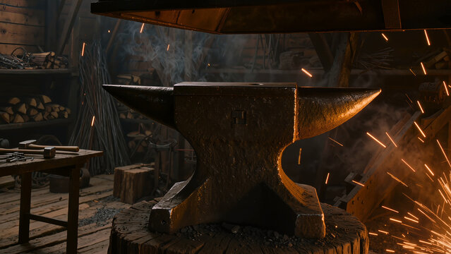 Heavy iron anvil with sparks in a dark blacksmith forge, craftsmanship and industry concept.