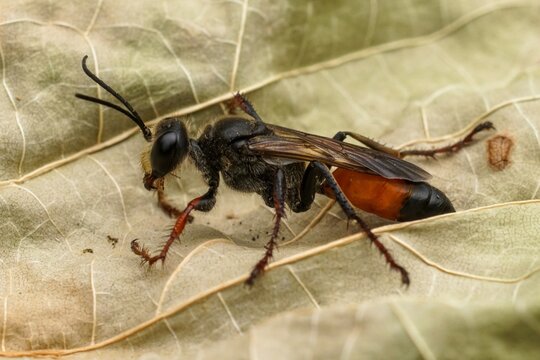 Detailed closeup on the black and red golden digger wasp, Sphex funerarius sitting on a dried leaf