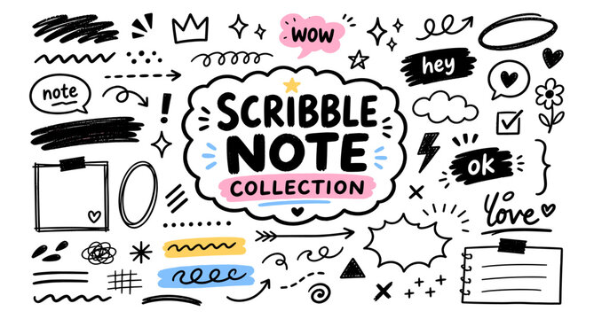 Hand drawn scribble doodle symbols and note elements set with childish crayon sketches, funky journaling shapes, handwritten text marks, arrows, stars and sketch textures. Vector illustration
