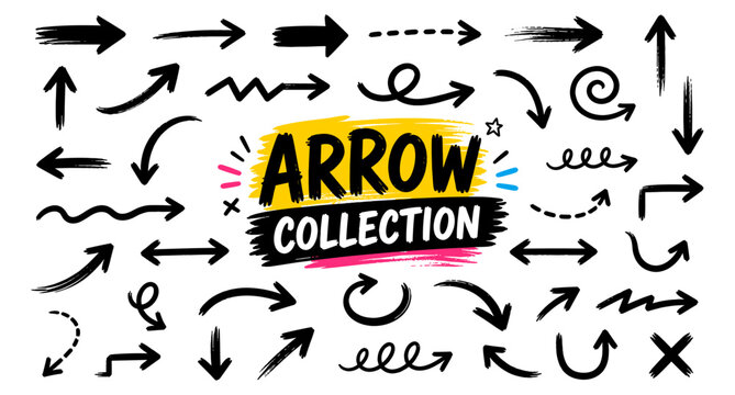 Bold brush drawn curved and straight arrow collection with rough dry marker texture, hand drawn direction pointers, grunge paint strokes for notes, highlights and graphic design. Vector illustration.